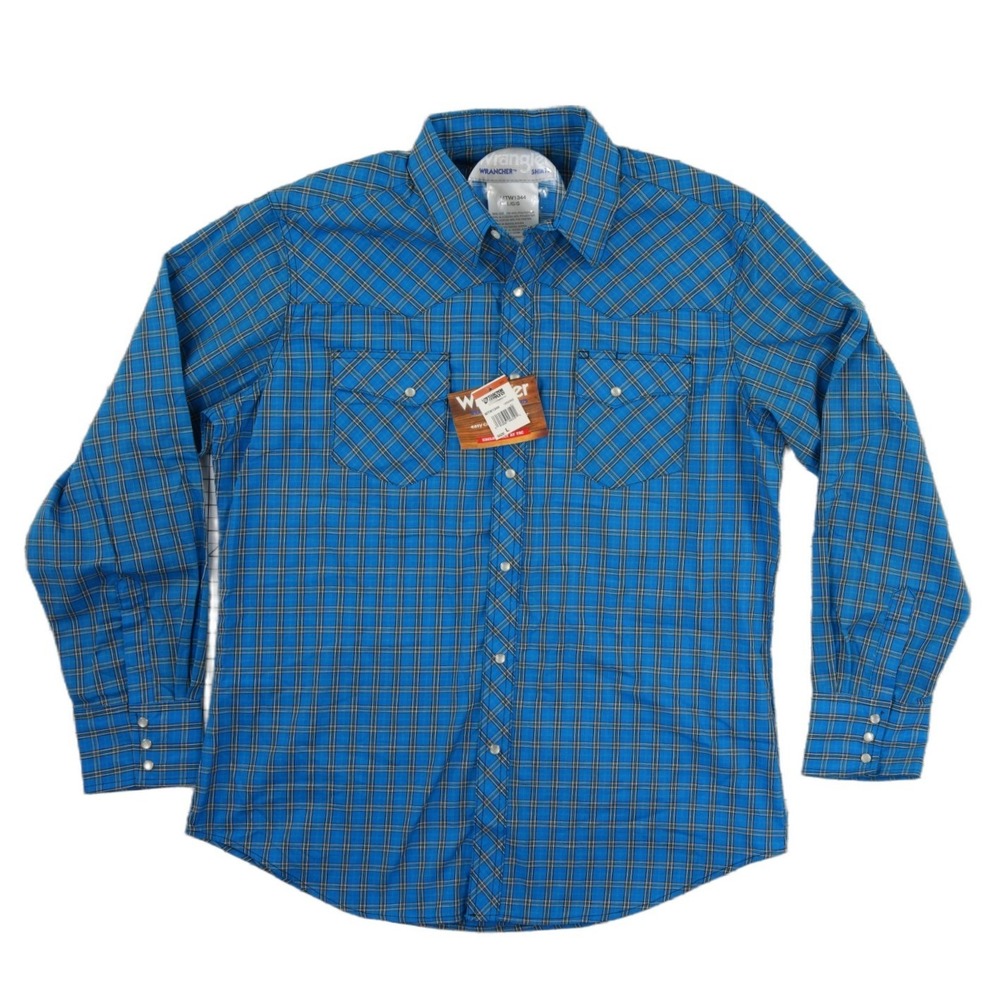 New Wrangler Wrancher Shirt Men's Size Large‎ Blue Plaid Pearl Snap Western
